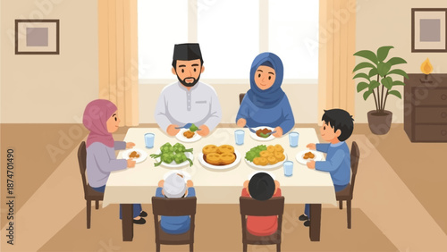 This flat design vector illustration captures the joyful moment of a Muslim family sharing an Idul Fitri meal, symbolizing togetherness and shared blessings