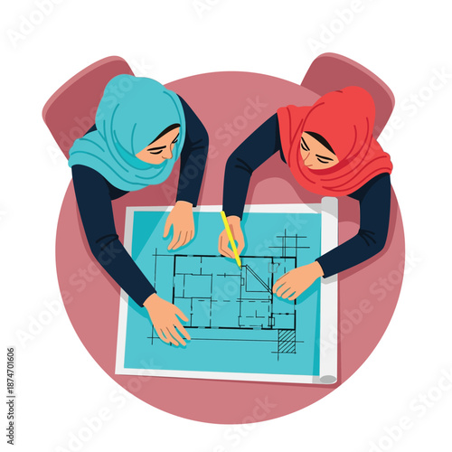 Two professional women, wearing colorful hijabs, intently collaborate on detailed architectural blueprints, meticulously planning a building design from an overhead view.