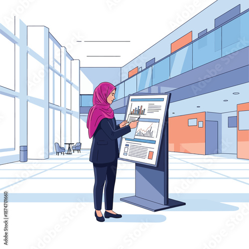 A professional businesswoman in a hijab interacts with a modern digital information kiosk displaying analytical data within a contemporary office environment.