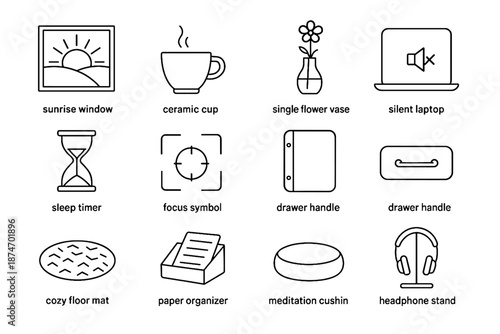 Laptop sleep vector calm symbol desk organizer icon drawer cup icons meditation