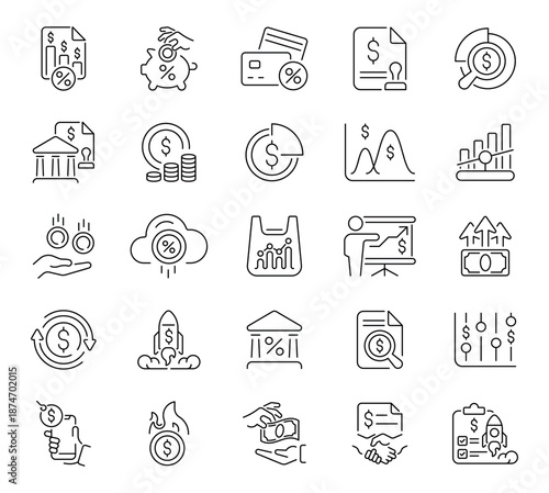 Finances vector icons in line style. Finances icons set. Outline finance icons collection.