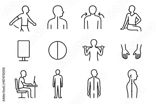Back reminder icon set cord hands alignment stance ergonomic pose seated vector