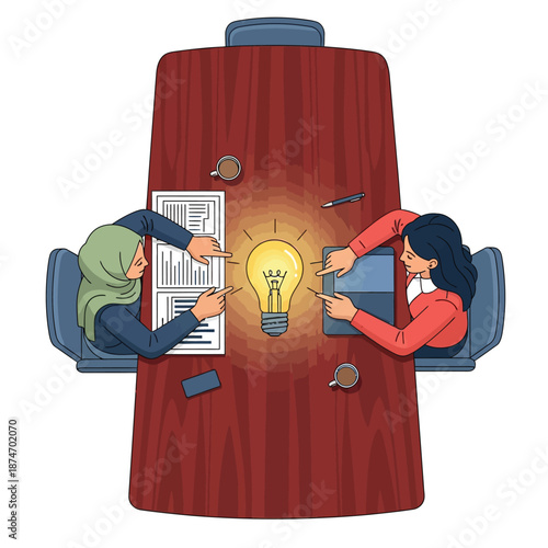 Two diverse businesswomen collaborate intently at a conference table, pointing at a glowing lightbulb symbolizing a brilliant new idea.