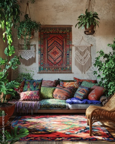 Indoor Jungle Feel with Abundant Green Plants in Boho Living Room