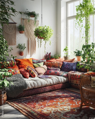 Warm Eclectic Vibe in Photorealistic Lived-in Bohemian Living Room