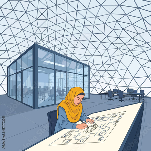 A focused woman in a yellow hijab meticulously designs innovative concepts on an interactive desk within a stunning, futuristic geodesic dome office environment.