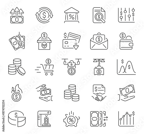 Budget vector icons in line style. Budget icons set. Money icons collection