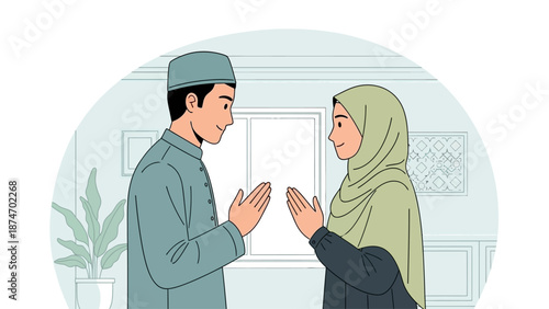 A flat design vector illustration depicting a Muslim couple exchanging heartfelt Eid greetings and seeking forgiveness from each other. 