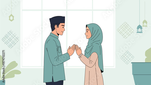 A flat design vector illustration depicting a Muslim couple exchanging heartfelt Eid greetings and seeking forgiveness from each other. 