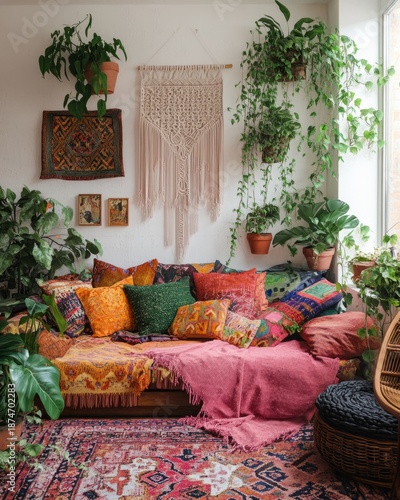 Bohemian Living Room with Low Sofa, Colorful Cushions and Throws