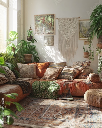 Layered Vintage Rugs and Macrame Wall Hangings in Boho Living Room