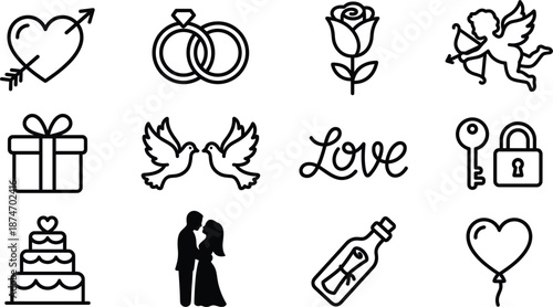 Line art icons for love and romance including heart arrow ring rose cupid gift doves vector illustration