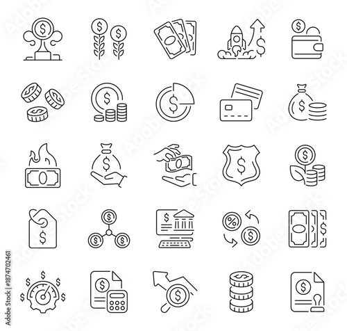 Money related icons set. Money vector icons. Money icons in line style. Money, business, finances and income