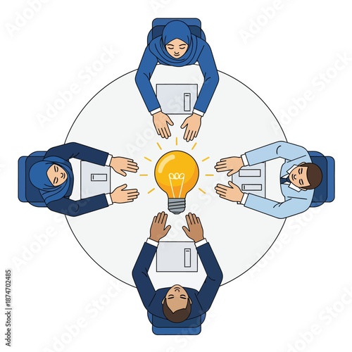 Diverse business team collaborating around a table, generating innovative ideas and fostering creative solutions during a productive meeting.