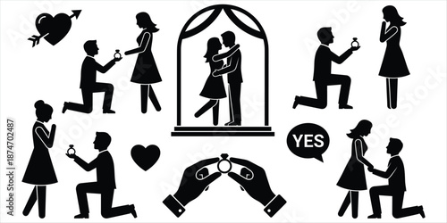 Marriage Proposal Engagement Ring Heart Arrow and Couple Silhouettes love romance