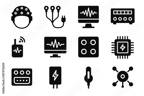 Neural monitoring signal brainwave cap icons equipment vector icon pad interface data