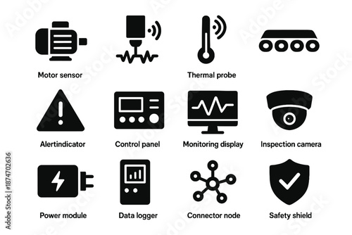Motor maintenance data monitoring inspection icons alert factory camera connector vector icon