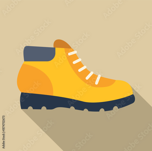 Yellow hiking boot icon with a long shadow in a flat design style