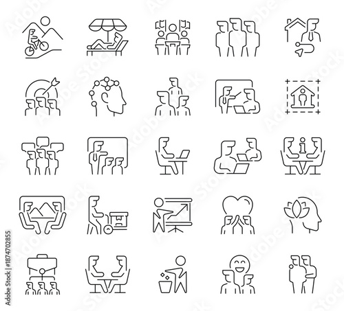 Public vector icons in line style. Public, society, community related icons. Public outline icons.