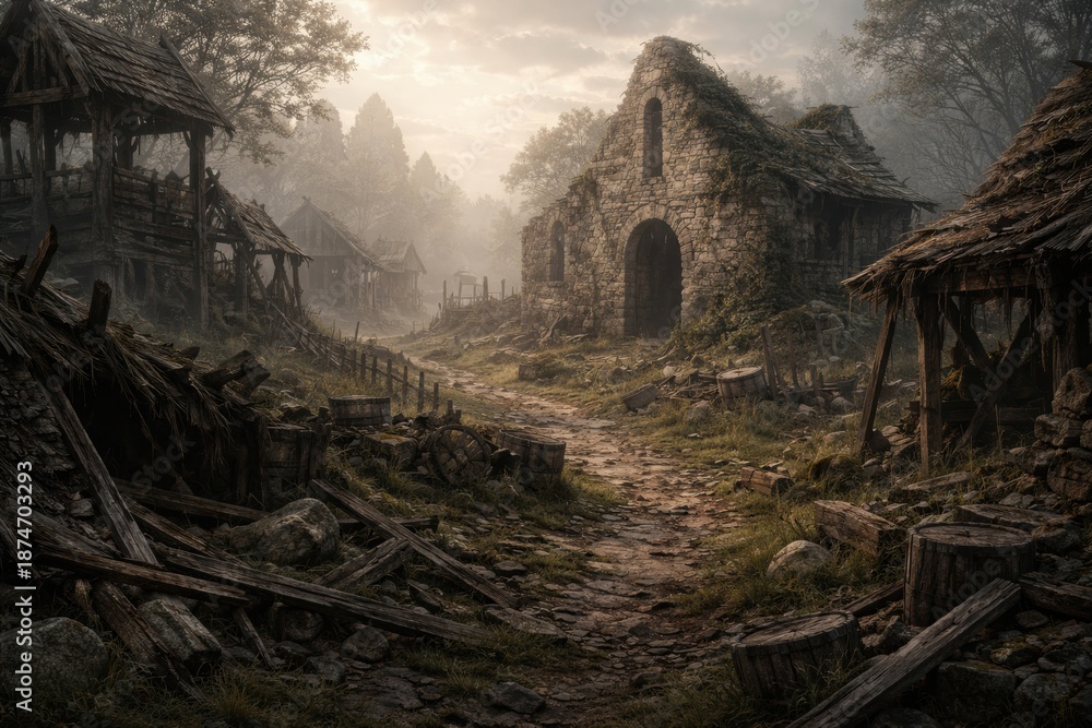 Naklejka premium Old village ruins show broken buildings and a stone path surrounded by trees and mist. The scene captures early morning light and fading architecture.