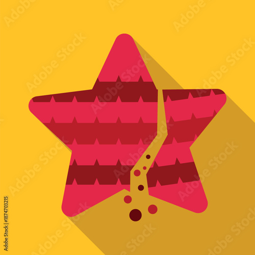 Star pinata breaking open, spilling colorful candy dots on a yellow background