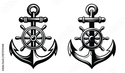 Vintage Nautical Anchor and Ship Wheel Black and White Vector Logo