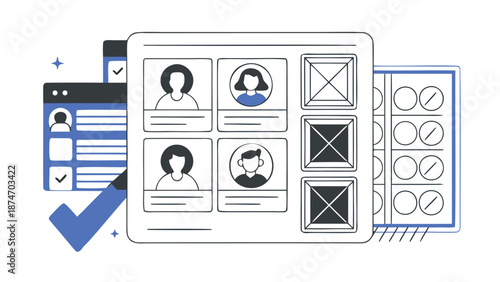 Modern flat vector illustration depicting crm user profiles with avatars and placeholder boxes symbolizing customer relationship management database organization and digital