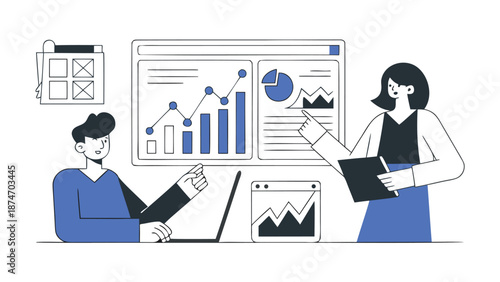 Two professionals collaborating on a digital business strategy analyzing financial charts and graphs on a large screen and laptop discussing data with a tablet in a modern flat