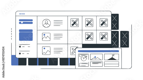 Modern flat vector illustration of a project management dashboard interface with ui elements charts and task management boards showcasing digital workflow and organization