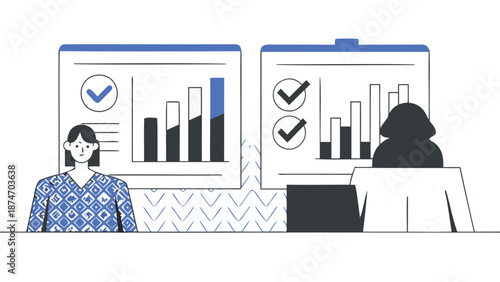 Business meeting scene with two professionals analyzing financial charts and data on large screens showcasing progress reports and successful outcomes with checkmarks and bar