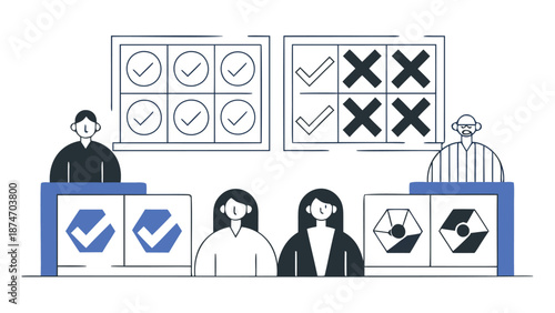 Diverse group of people engaging in a decision making process comparing options with checkmarks and crosses symbolizing choice and evaluation set against a clean modern backdrop