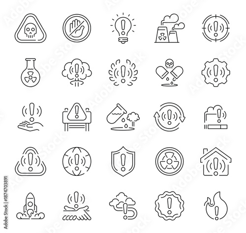 Warning vector icons in line style. Warning icons collection. Danger icons set.