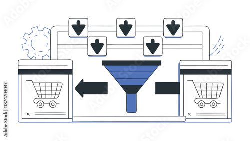 Conceptual flat illustration of an e commerce sales funnel with digital marketing elements representing customer journey optimization and online business growth strategies