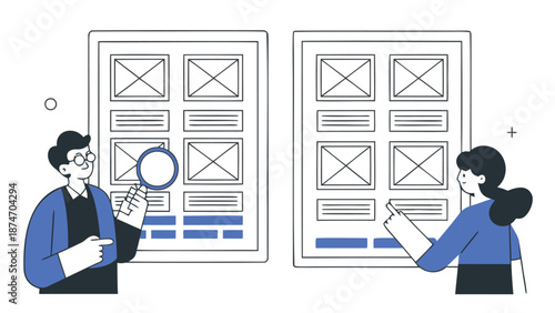 Two designers collaborating on wireframe development examining and creating user interface layouts together in a modern flat vector illustration style