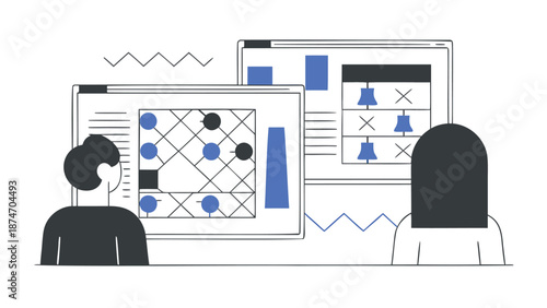 Business professionals analyzing strategic planning presentation featuring comparative data visualization charts and graphs on large screens