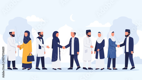 A vibrant flat design vector illustration showcasing a diverse group of Muslim individuals joyfully exchanging Eid greetings, symbolizing unity, peace, and mutual forgiveness within the community