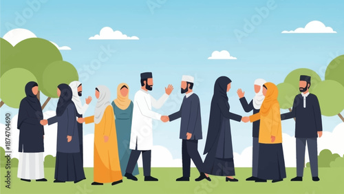 A vibrant flat design vector illustration showcasing a diverse group of Muslim individuals joyfully exchanging Eid greetings, symbolizing unity, peace, and mutual forgiveness within the community