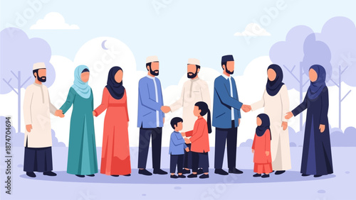 A vibrant flat design vector illustration showcasing a diverse group of Muslim individuals joyfully exchanging Eid greetings, symbolizing unity, peace, and mutual forgiveness within the community