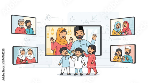 A contemporary flat design vector illustration showing a Muslim family celebrating Idul Fitri through a video call, connecting across distances to share greetings and forgiveness