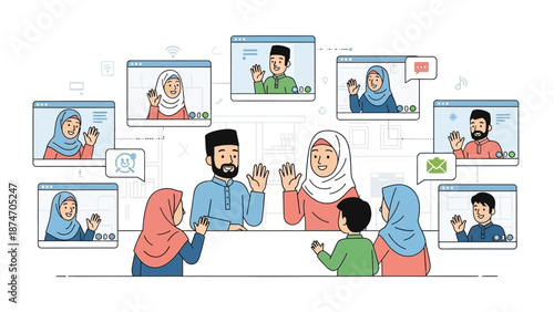 A contemporary flat design vector illustration showing a Muslim family celebrating Idul Fitri through a video call, connecting across distances to share greetings and forgiveness