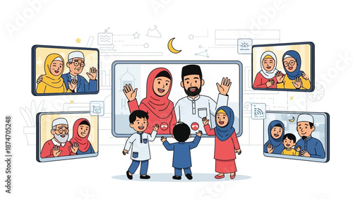 A contemporary flat design vector illustration showing a Muslim family celebrating Idul Fitri through a video call, connecting across distances to share greetings and forgiveness