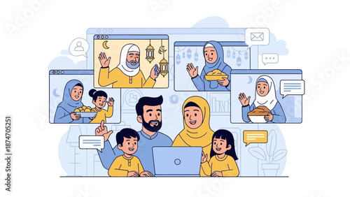 A contemporary flat design vector illustration showing a Muslim family celebrating Idul Fitri through a video call, connecting across distances to share greetings and forgiveness
