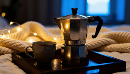 Cozy morning scene with moka pot and coffee cup on wooden tray, warm blanket and fairy lights in soft focus background
