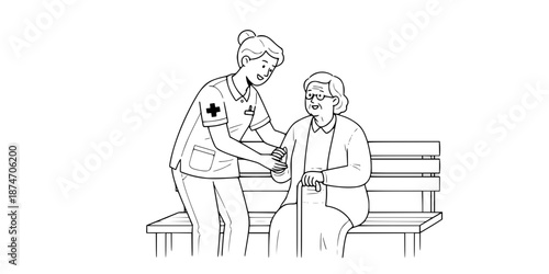 Medical Volunteer Elderly Care Vector - Black White Healthcare Community Service Support Dignity Compassion Helping Illustration on White Background