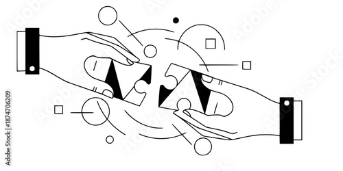Puzzle Pieces Collaboration Vector - Black White Hands Problem Solving Community Solution Teamwork Connection Geometric Illustration on White Background