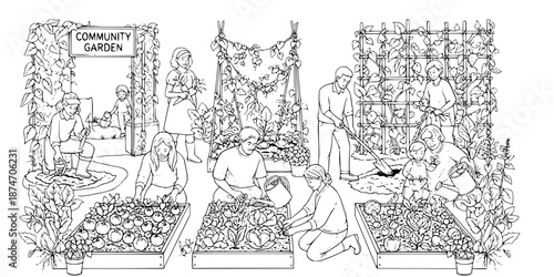 Community Garden Vector - Black White Urban Agriculture People Planting Growing Sustainability Botanical Volunteer Illustration on White Background