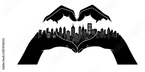 Heart Hands City Skyline Vector - Black White Urban Community Love Civic Pride Architecture Hand Gesture Line Art Illustration on White Background