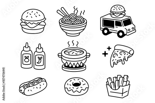 Fast food icon set with burger, ramen, pizza, hot dog, fries, donut and food truck. Street food, fast food, comfort food, takeaway food for menu and restaurant