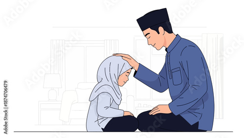 This flat design vector illustration beautifully depicts a Muslim parent giving a loving blessing to their child on Idul Fitri, symbolizing affection, guidance, and spiritual well-being