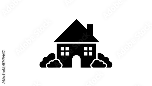 Vector illustration of a minimalist black home icon with green bushes, on transparent background